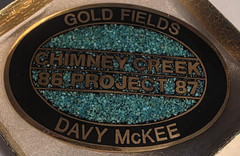 Vintage 1987 Metal Belt Buckle, Solid Brass, Blue Crushed Turquoise Stones, Gold