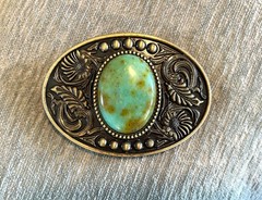 Teal Turquoise Stone Western Belt Buckle Cowboy Brass Agate Inlay 1.5in Strap