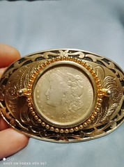 Western Oval Belt Buckle w/ 1921 Real Silver Morgan Dollar Coin Insert, Beaded