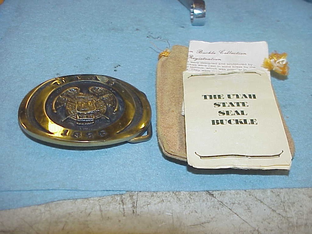 Utah 1896 State Seal Belt Buckle First Security Corp Collection Brass W/ Pouch
