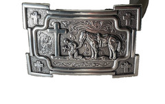 Nocona Mens Belt Buckle 3.5 x 2.5 in Cowboy Horse Cross Western Silver 1.5