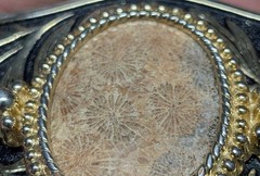 vintage STONE belt buckle FOSSIL cobochon HAND POLISHED coral WESTERN cowboy