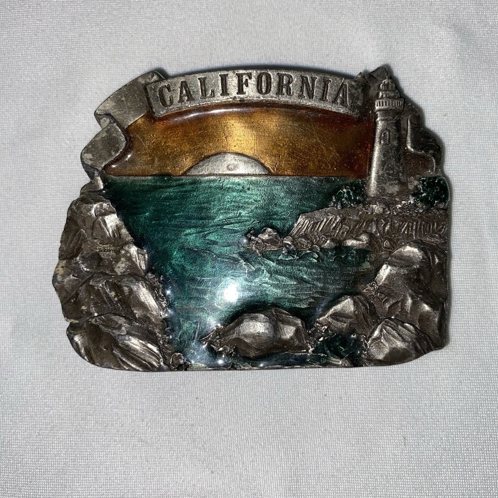 Vintage NOS California Ocean Cove Lighthouse Beach Sunset 1980s Belt Buckle VTG