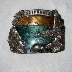 Vintage NOS California Ocean Cove Lighthouse Beach Sunset 1980s Belt Buckle VTG