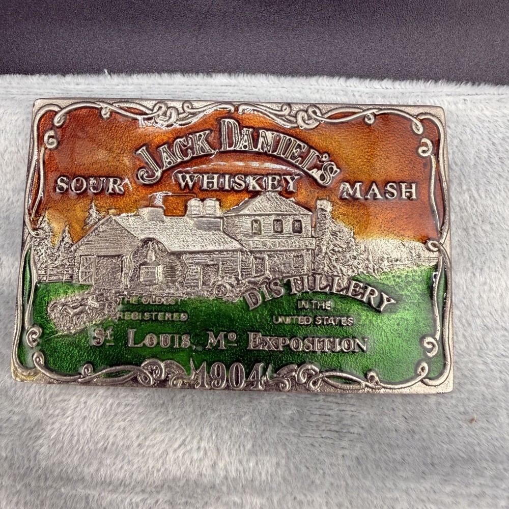 Vintage Belt Buckle Jack Daniel’s Whiskey Enamel Silver Tone Worlds Fair
