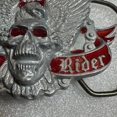 Winged Skull Eagle MC Rebel Rider Belt Buckle Silver Tone Red Enamel Reissue