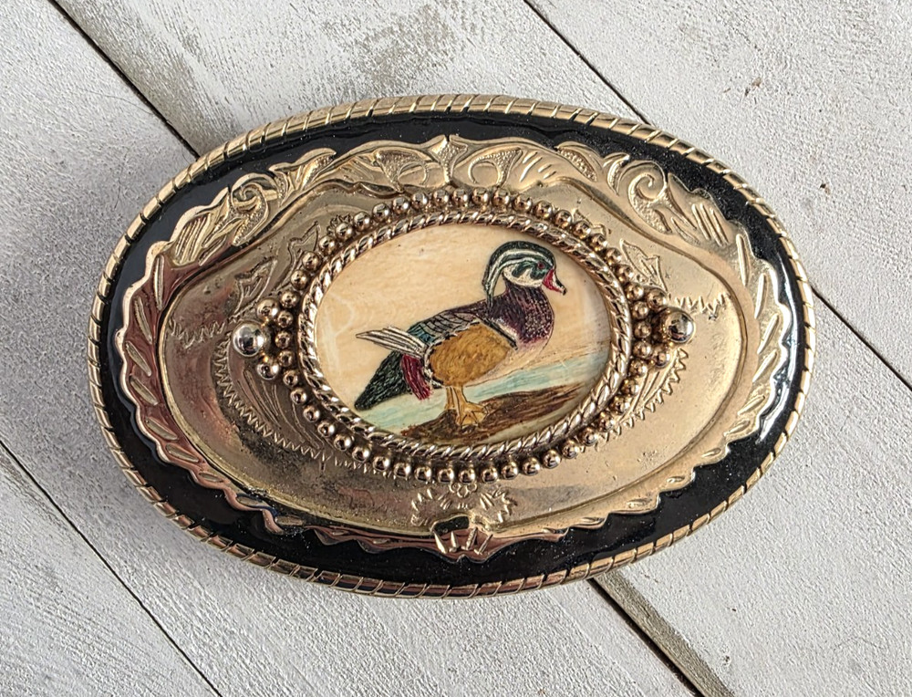Vintage Wood Duck Belt Buckle Western Gold Tone Enamel Hand Painted Wildlife Hun