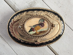 Vintage Wood Duck Belt Buckle Western Gold Tone Enamel Hand Painted Wildlife Hun