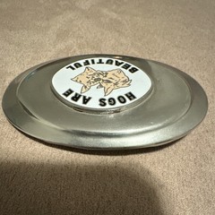 Oval Western Metal Belt Buckle « Hogs Are Beautiful » Hog/Pig Graphic Silver
