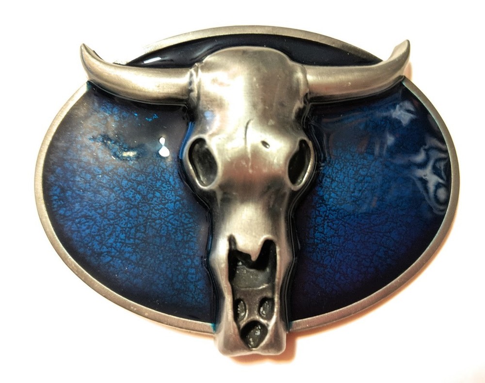 ✖ WESTERN Skull Cowboy Rodeo Style ✖ Belt Buckle Buck ✖ blue antique silver