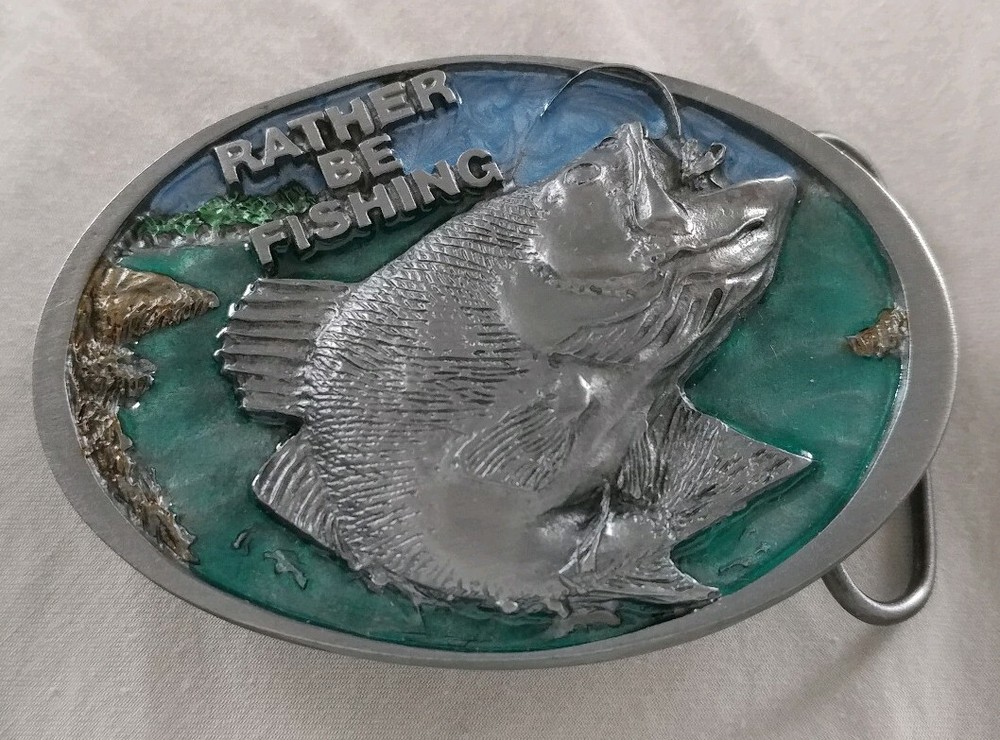 RATHER BE FISHING JUMPING FISH BASS TROUT FISHERMAN BELT BUCKLE MADE IN USA 1988