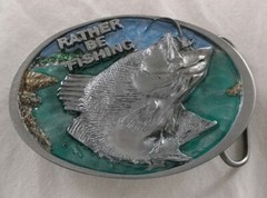 RATHER BE FISHING JUMPING FISH BASS TROUT FISHERMAN BELT BUCKLE MADE IN USA 1988