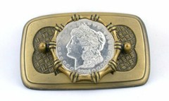 Gold Color Black Mesh REAL 1921 Morgan Silver Dollar Belt Buckle EPBB179