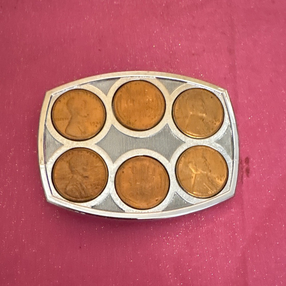 Men&rsquo;s Silver Tone Metal Belt Buckle w/ 6 Copper Coin Inlays, 1.5 in Fit
