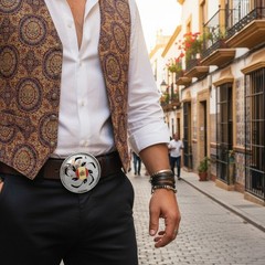 Men Women Silver Metal Belt Buckle Round Spinning Arrows Spain Flag Circle Shape