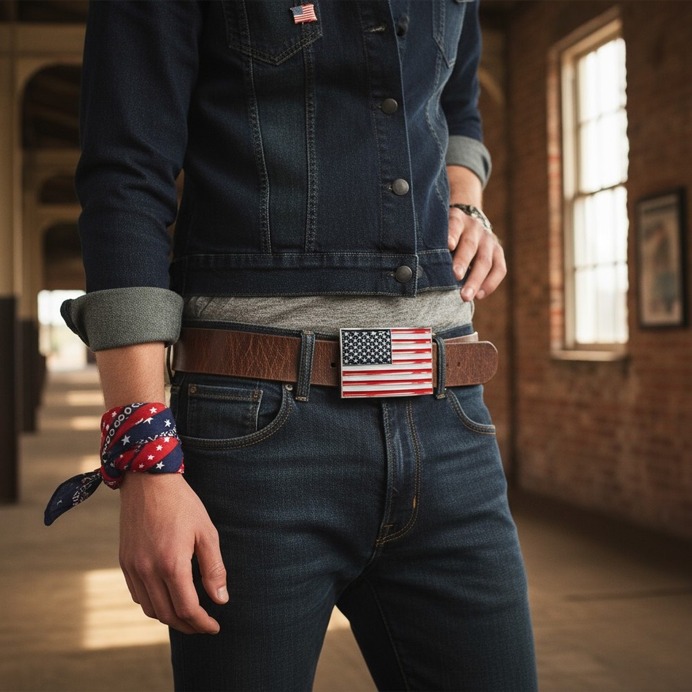 Men Belt Buckle Metal Silver United State America USA Flag Red Blue Soldier Army