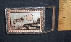 2 1/2&Prime; DRESS SIZE BELT BUCKLE W/COPPER & SILVER-PLATE WOLF HOWLING AT MOON SCENE
