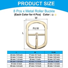 8Pcs 1&Prime; Single Prong Metal Roller Pin Belt Buckles Light Gold/Black
