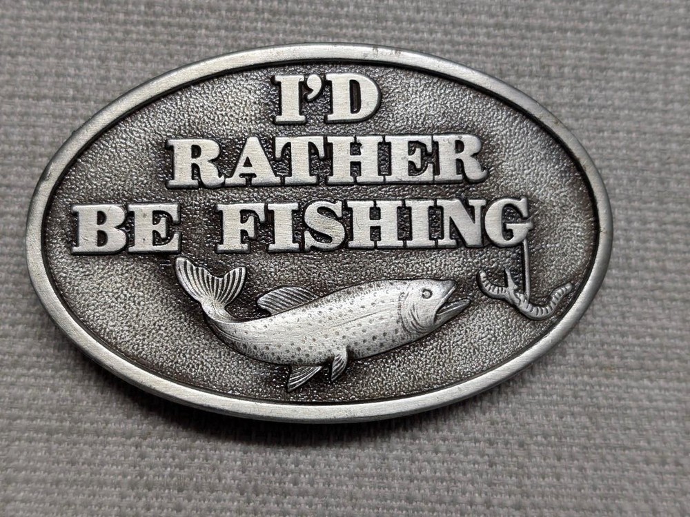 vintage USA made FISHING belt buckle 1970s brass TROUT sky patrol CAPT HAWKS