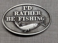 vintage USA made FISHING belt buckle 1970s brass TROUT sky patrol CAPT HAWKS