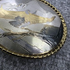 Bald Eagle Mountain Scene Belt Buckle Made in USA Western Gold Trim Wildlife VTG