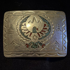 W.C.B. Southwestern Plate Belt Buckle Silver Turquoise Red Inlay Engraved