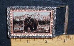 2 1/2&Prime; DRESS SIZE BELT BUCKLE W/COPPER & SILVER-PLATE GRIZZLY BEAR/SHORE SCENE