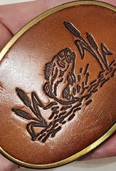 Vintage 70s Fishing Belt Buckle Brass Fish Scene Made USA Western Resin Inlay