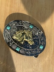 Western Horse Head Buckle Men Unisex Turquoise Silver Chrome Engraved Fit 2 »