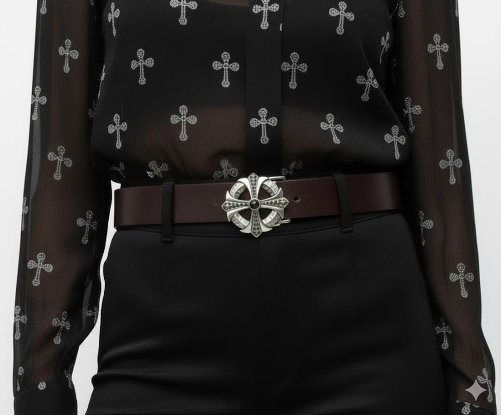 Gothic Cross Belt Buckle in Antique Silver with Black Crystals