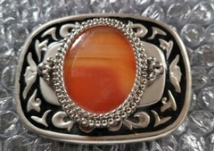 ORANGE POLISHED STONE WESTERN BLACK & SILVER TONED BELT BUCKLE