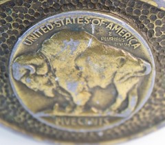 Vtg Brass Buffalo Nickel Bison Hammered Oval Belt Buckle Five Cents Western 70s