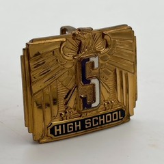 VTG 1940s Antique Gold Tone Belt Buckle « S » GIANT GRIP Eagle White Red Enamel