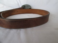 Justin Leather Brown Belt Sz 34 w/Western Brass Buffalo Skull & Feathers Buckle
