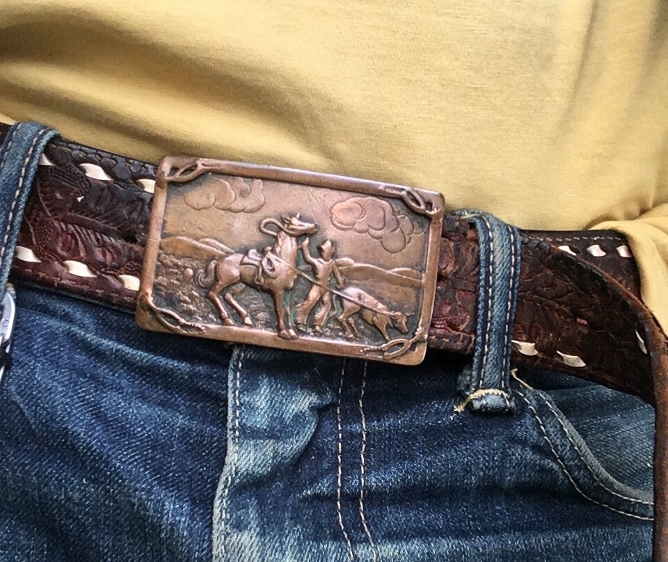 vintage Copper Belt Buckle western cowboy horse calf roping rodeo