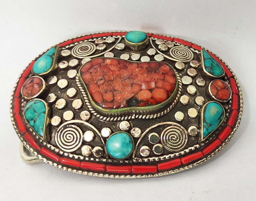 Unisex Tibetan Silver Belt Buckle waist trap Turquoise Coral Clasp K2