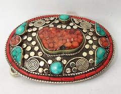 Unisex Tibetan Silver Belt Buckle waist trap Turquoise Coral Clasp K2