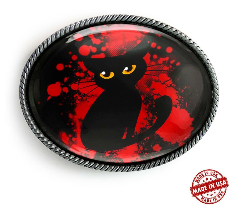 Black Cat Glowing Eyes Horror Halloween Handmade Artisan Belt Buckle