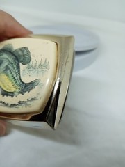 Vtg. RAINTREE ?Gold TnedMetal Ivory Color Large Mouth Bass Belt Buckle. Intricat