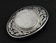 VINTAGE WESTERN BELT BUCKLE 1922 PEACE SILVER DOLLAR COIN COWBOY AMERICANA