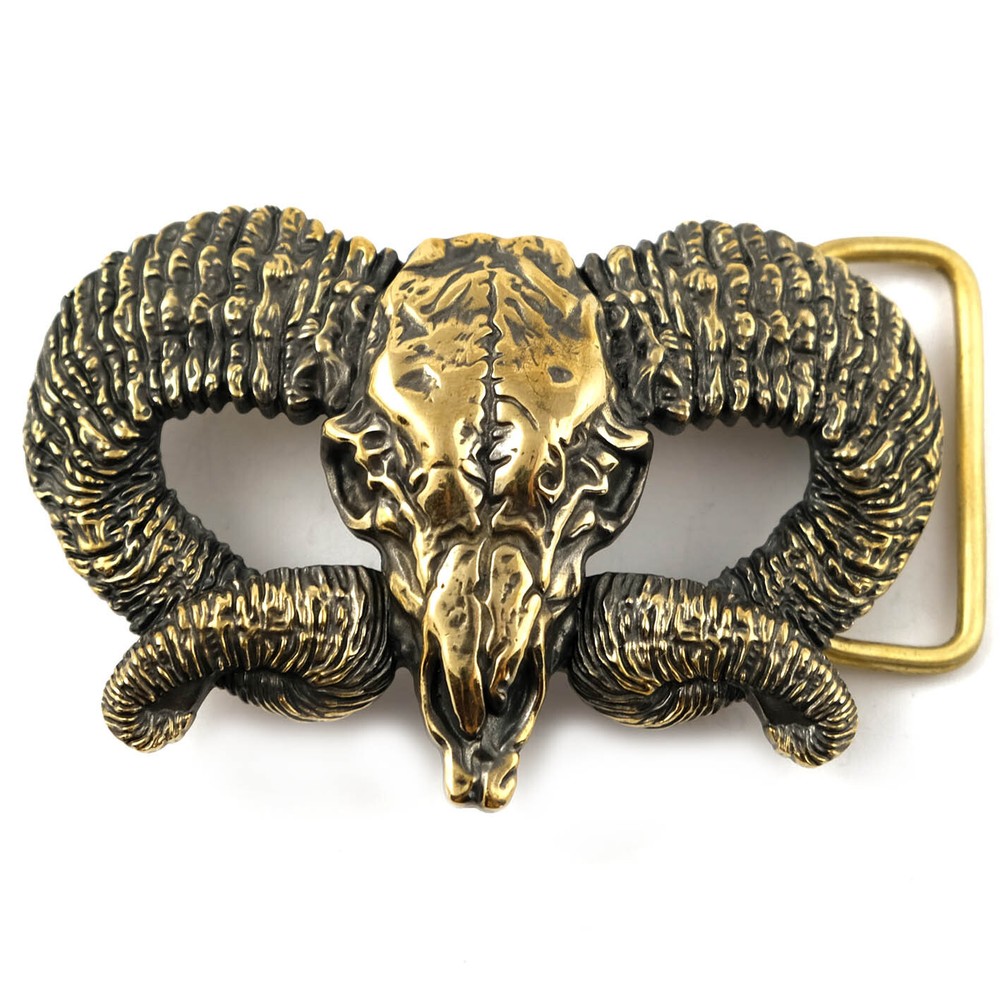 Ram Skull brass buckle, Bighorn wild west buckle, Mouflon tribal Trophy Skull