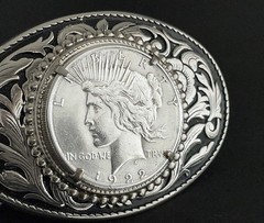 VINTAGE WESTERN BELT BUCKLE 1922 PEACE SILVER DOLLAR COIN COWBOY AMERICANA