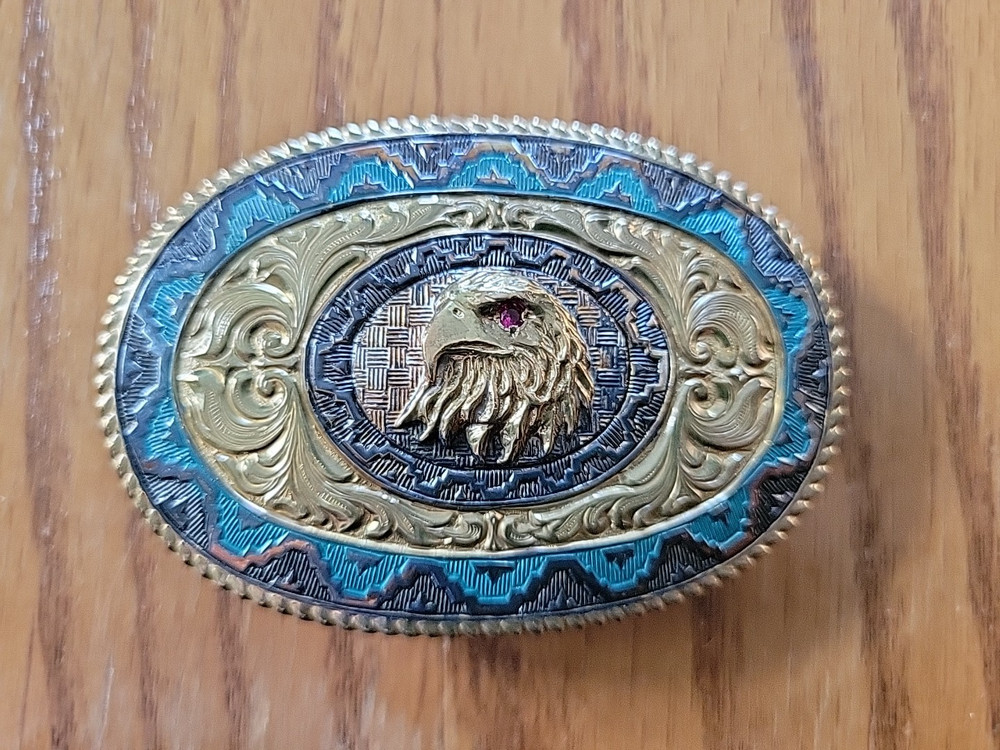 Vintage Eagle Belt Buckle Crumrine Mfg Heavy Silver Plate Over Bronze Made USA