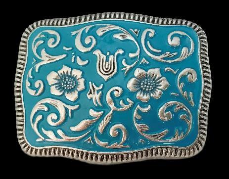 Western Cowboy Cowgirl Flower Belt Buckle Blue Cowboys Cowgirls Buckles Belts