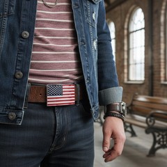 Men Belt Buckle Metal Silver United State America USA Flag Red Blue Soldier Army