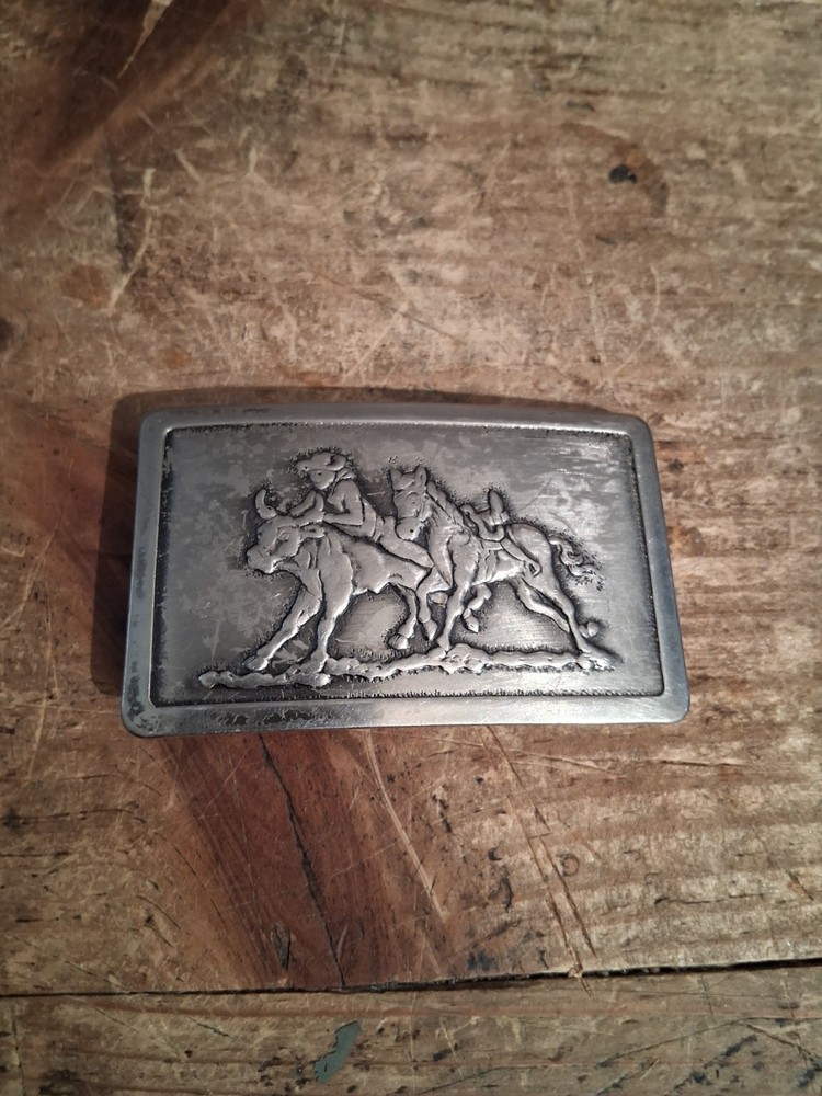 Vintage Belt Buckle Western Steer Wrestling Cowboy Rodeo Pressed 70s