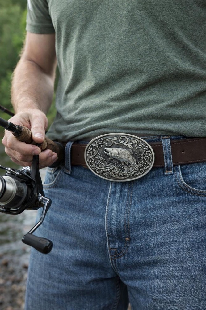Western Fish Belt Buckle Angler Trout Salmon Silver Bronze Cowboy Style