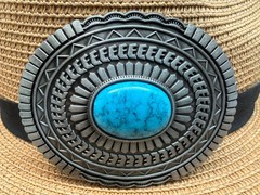 Antiqued Silver Classic Cowboy Pattern Big Turquoise Bead Belt Buckle