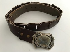 VINTAGE Leather BELT & BUCKLE SILVER tooled BUCKLE large POLISHED Jasper STONE