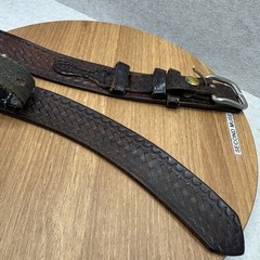 Distressed Leather Woven Embossed Belt Silver Buckle Brown Well Worn Size 50
